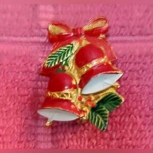 Vintage Christmas Bells Brooch Pin Enamel Bow Gold Tone Pin